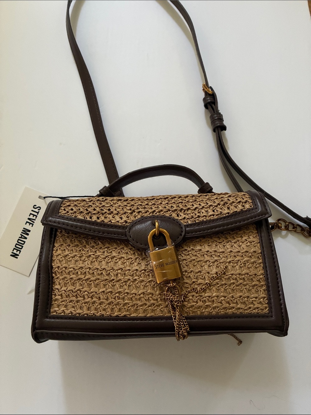 Steve Madden Brown & Natural Woven Lock-Front Crossbody Bag